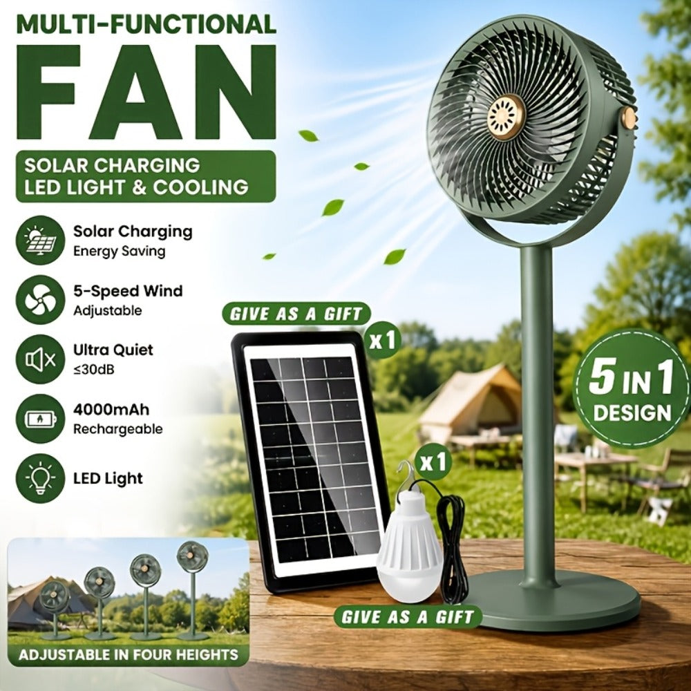 Solar Floor Fan 33-Inch Rechargeable 4000mAh USB Standing Fan Power Bank 2-in-1 360° Tilt 5-Speed 4-Height Adjustable for Indoor Outdoor Courtyard RV Camping