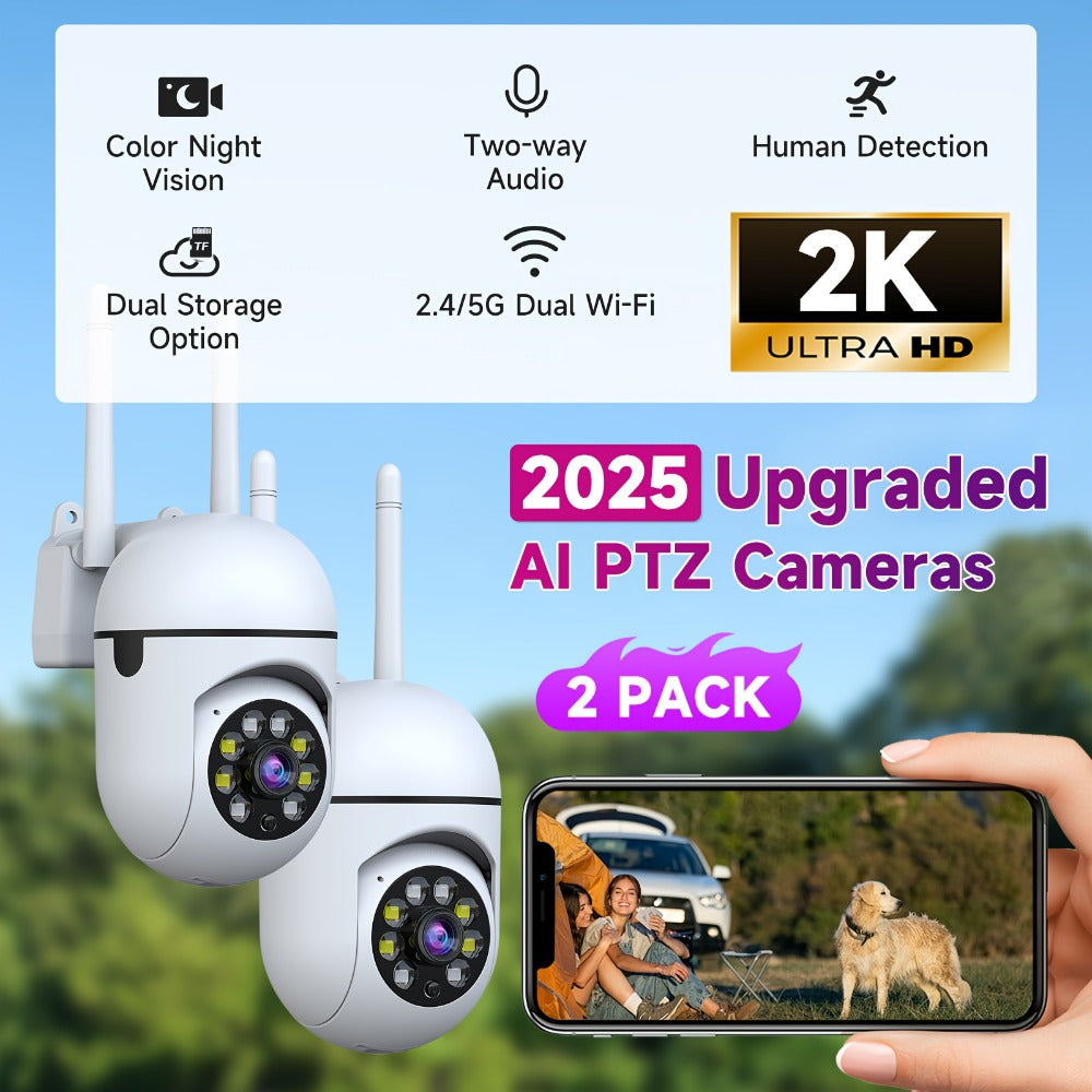 2-Pack Indoor Security Camera 2K QHD, Dual-Band 2.4/5GHz WiFi, 355° Pan PTZ, AI Motion Tracking, Full-Color Night Vision, Two-Way Audio, SD & Cloud Storage – Baby Monitor Pet Cam Home Surveillance