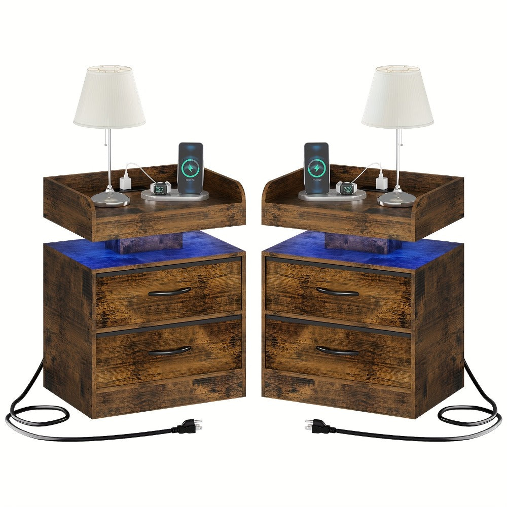 Wooden Nightstand with LED Ambient Light & Charging Station – Fabric Drawer, Blue Glow, Modern Bedside Table for Bedroom Living Room End Table, Black or White (Single or 2-Pack)
