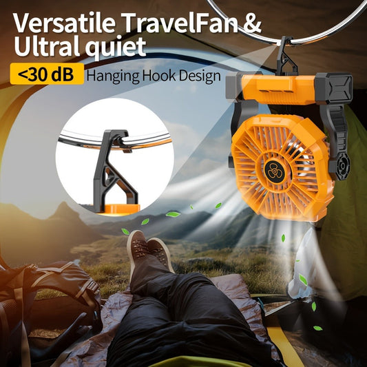 Camping Fan with LED Lantern and Power Bank, 20000mAh Battery, Timer and Hanging Hook
