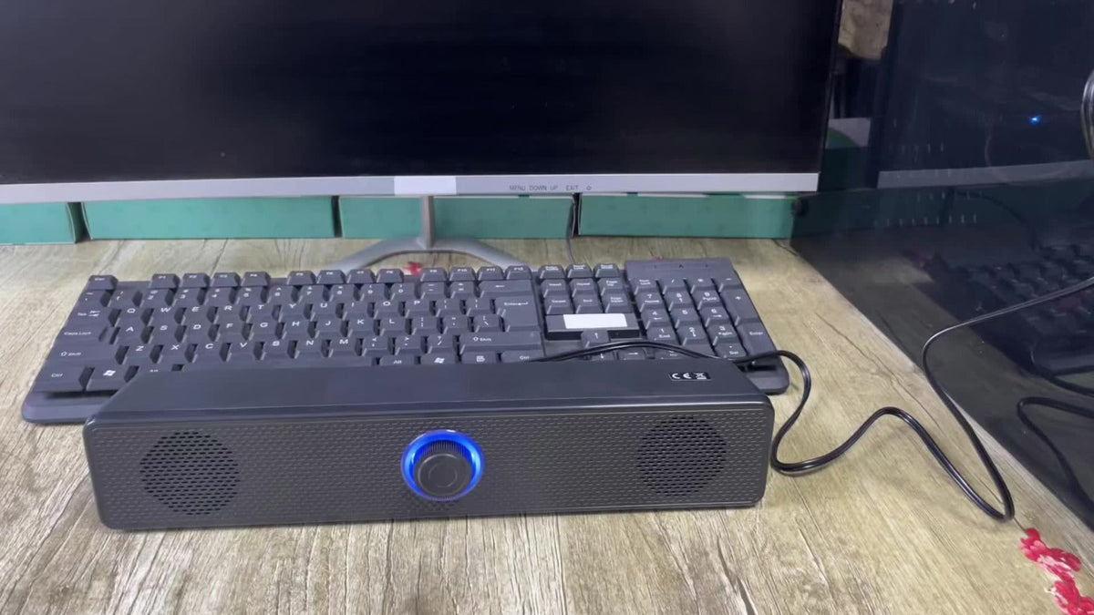 USB Wired Desktop Speaker Bar with 4D Audio Effect & Blue LED - Anti-Magnetic Stereo Sound, 3.5mm AUX Input, Independent Volume Control, for PC Laptop Computer Home Office