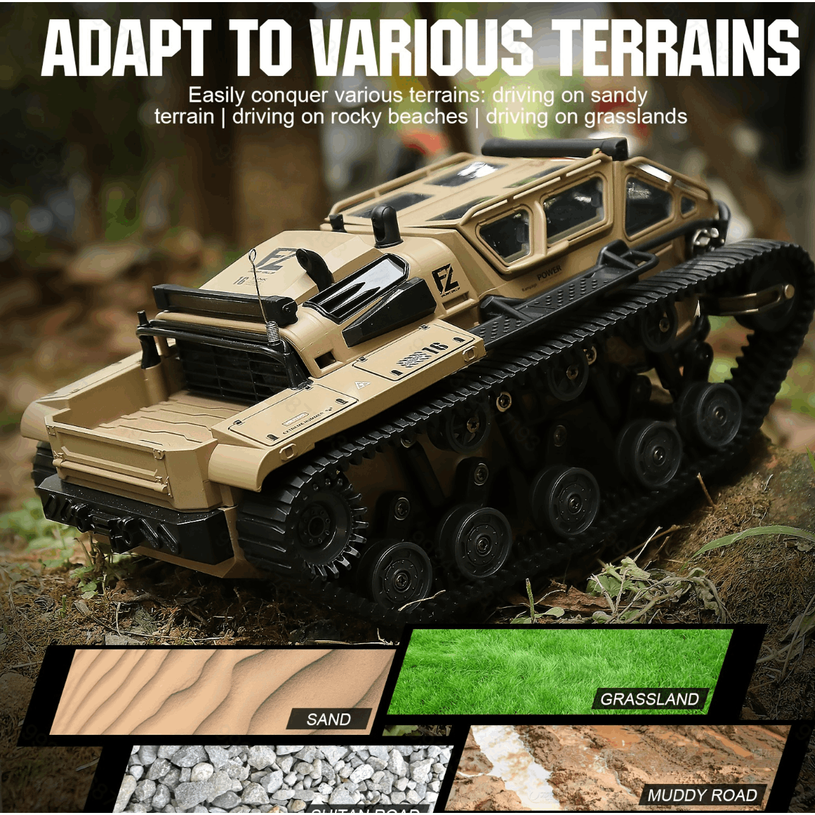 Full-Proportional RC Tracked Tank with LED Lights, Alloy Body Military Vehicle, Grey or Brown