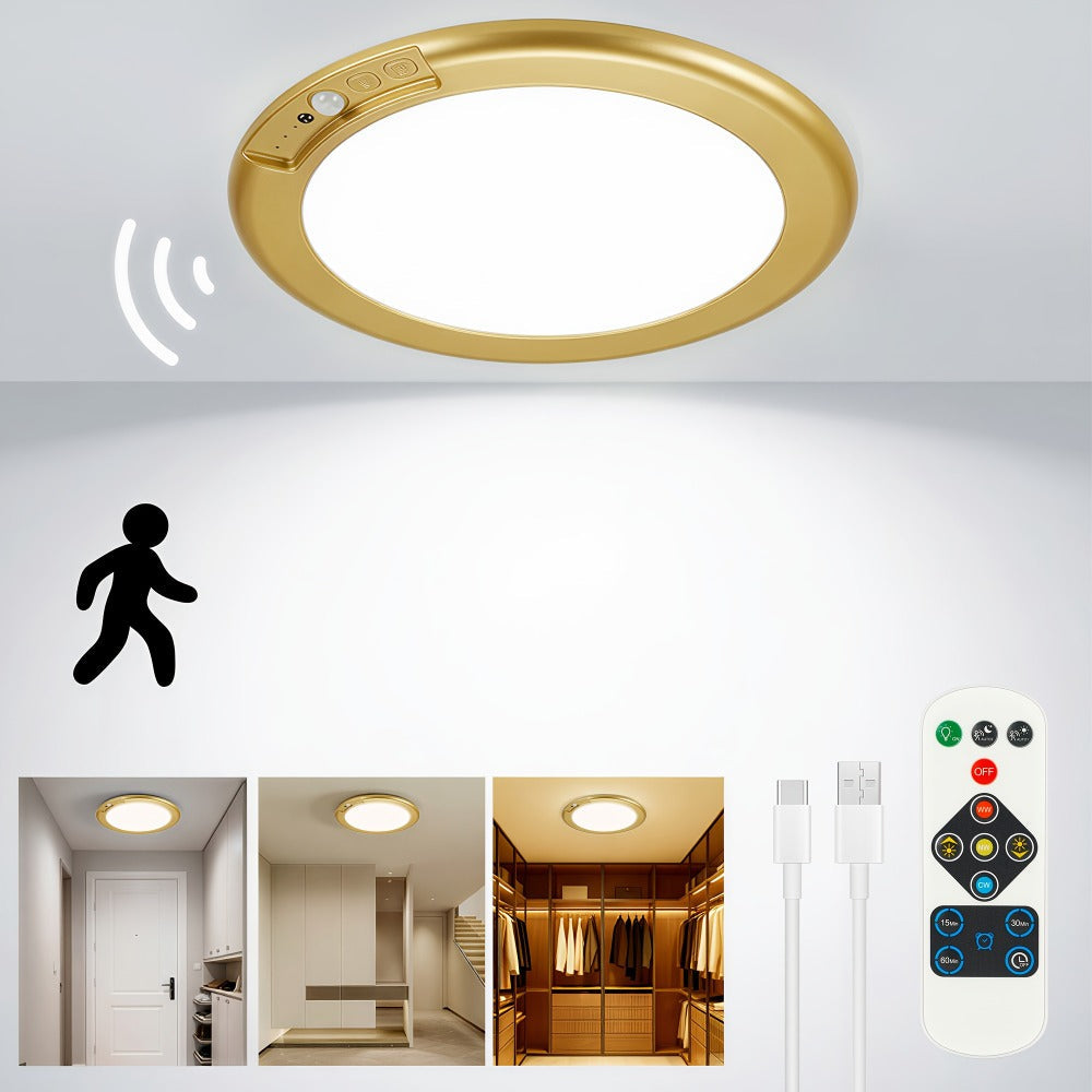 Rechargeable LED Ceiling Light with Motion Sensor – Remote Control Dimmable, 3 Color Temps 3000K/4500K/6500K, 10 Brightness Levels, Battery Operated Closet Light for Bathroom Hallway Pantry Porch