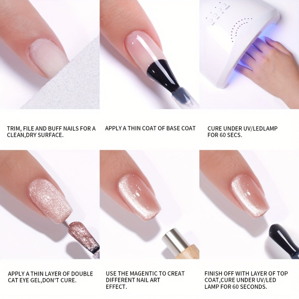 Reflective Holographic Cat Eye Gel Polish Set 4 Colors Shimmering Magnetic Soak-Off LED UV Nail Art Kit with Photo Frame Bottle for Salon DIY Manicure Women 0.51oz Each