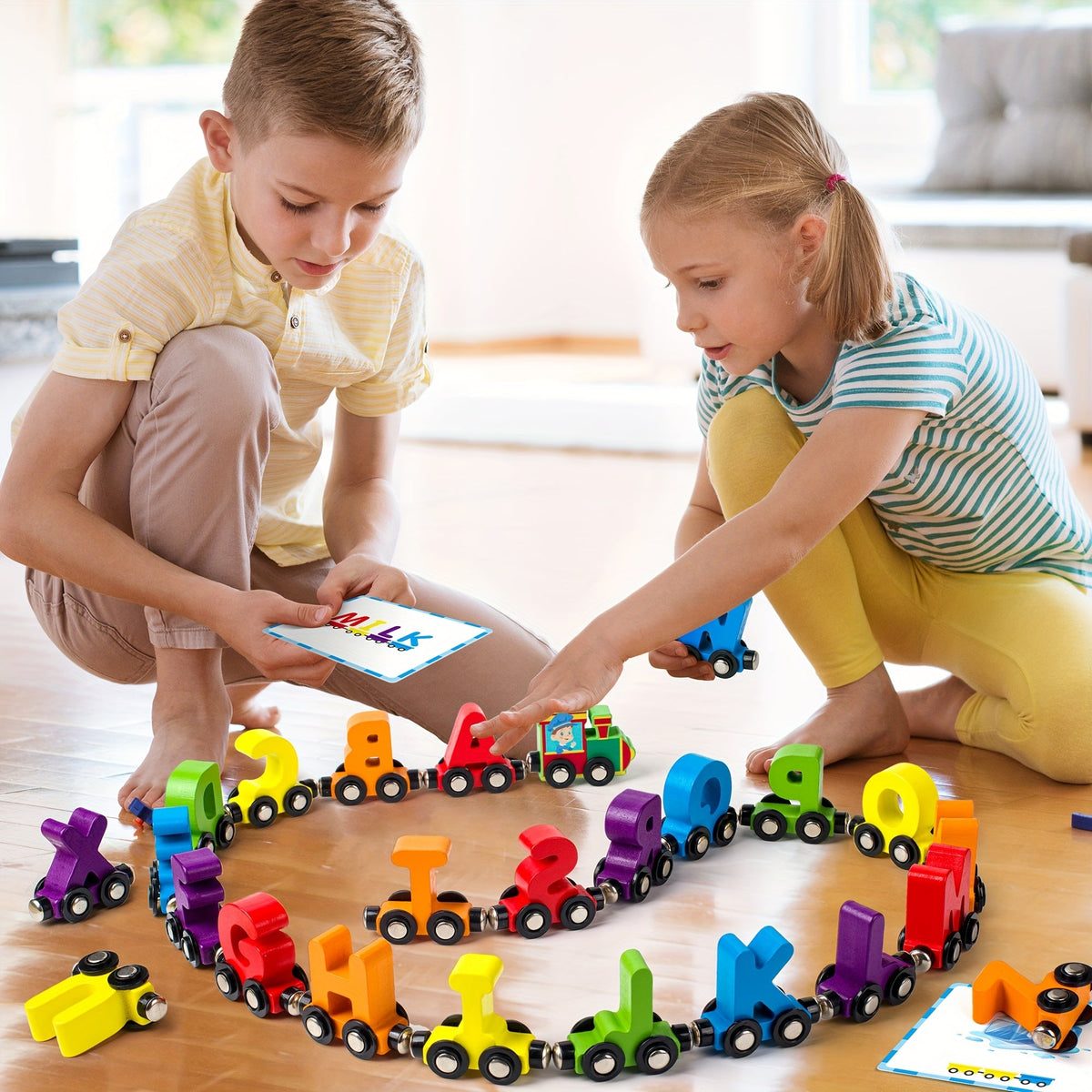 Wooden Alphabet Train Set, 27-Piece Magnetic ABC Letter Toy with 42 Flash Cards & Storage Bag