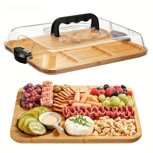Bamboo Charcuterie Board with Acrylic Lid, 8 Compartments & Black Handles