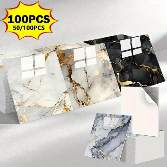 Peel and Stick PVC Marble Wall Tiles, Glossy Golden Patterns, 50 or 100 Pieces