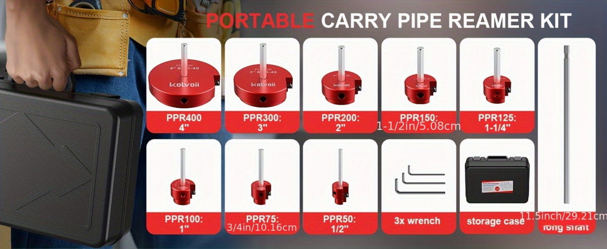 PVC Pipe Reamer Kit 8pcs - Fitting Saver for SCH 40 Plastic Pipe, Aluminum Alloy Body with 11.5" Hex Shaft, 8 Sizes 1/2" to 4", for PVC PP PE ABS Pipes, Drill Compatible, Red