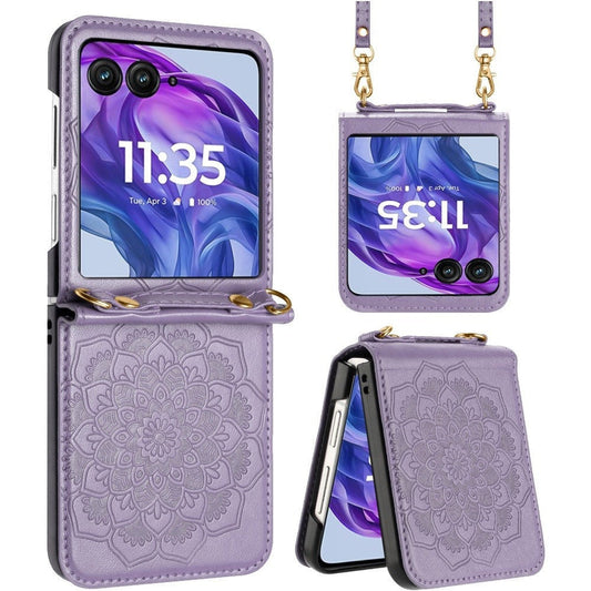 Floral Crossbody Motorola Razr 2024 / Razr+ Plus 2024 Case Flower Embossed PU Leather Lanyard Strap – Boho Henna Mandala Hybrid Protective Cover for Women Gift