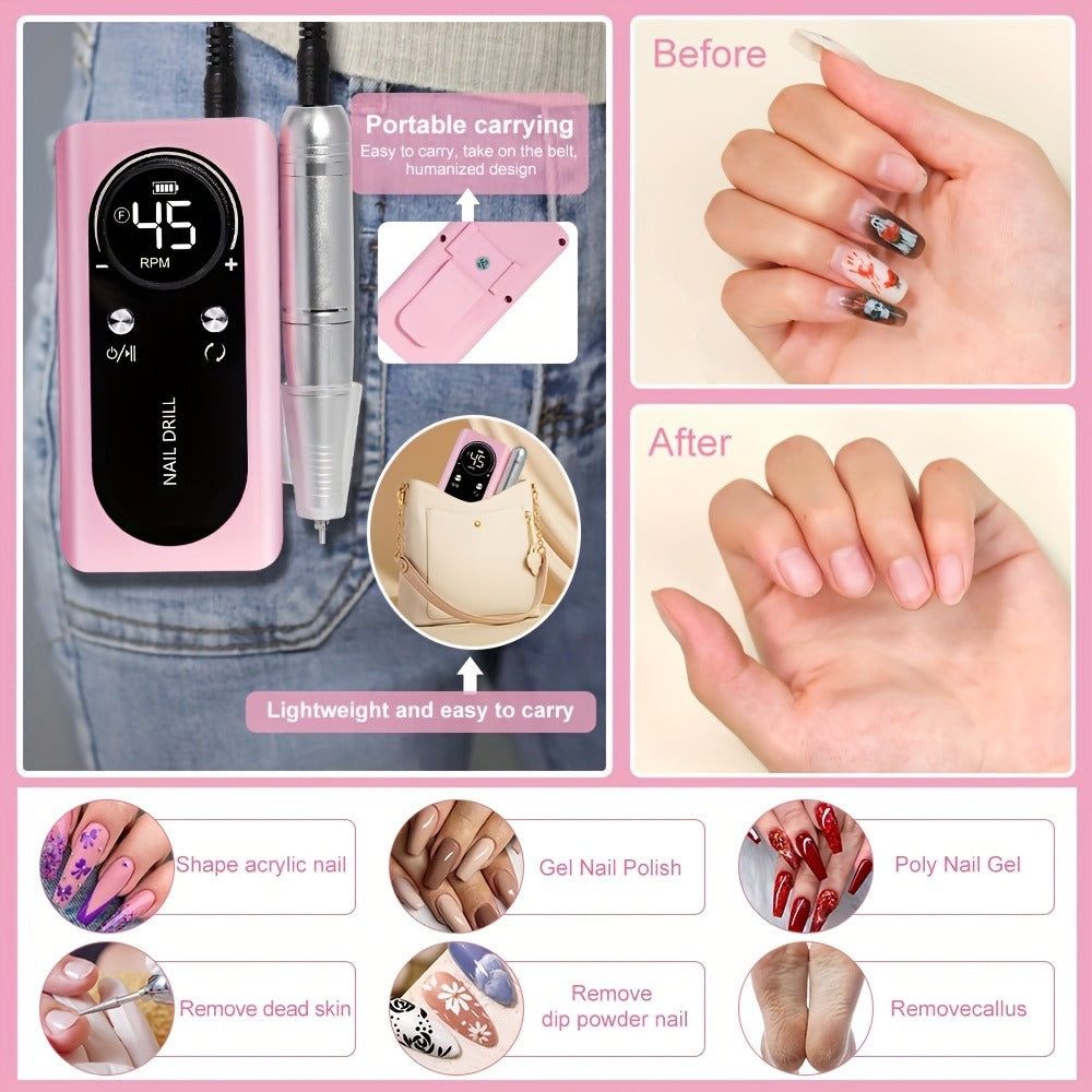 Low Noise Nail Drill Cordless 45000RPM Adjustable Speed with Power Display Portable Nail File Grinder for Gel Acrylic Nails Manicure Pedicure Home Salon Use Pink White Purple
