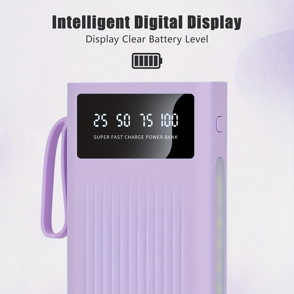 30000mAh Large Capacity Power Bank 15W Fast Charging with 4 Built-In Cables & 4-Mode Camping Light, Business Minimalist Portable Charger 10000mAh 20000mAh Compatible with iPhone Android – Black Purple White
