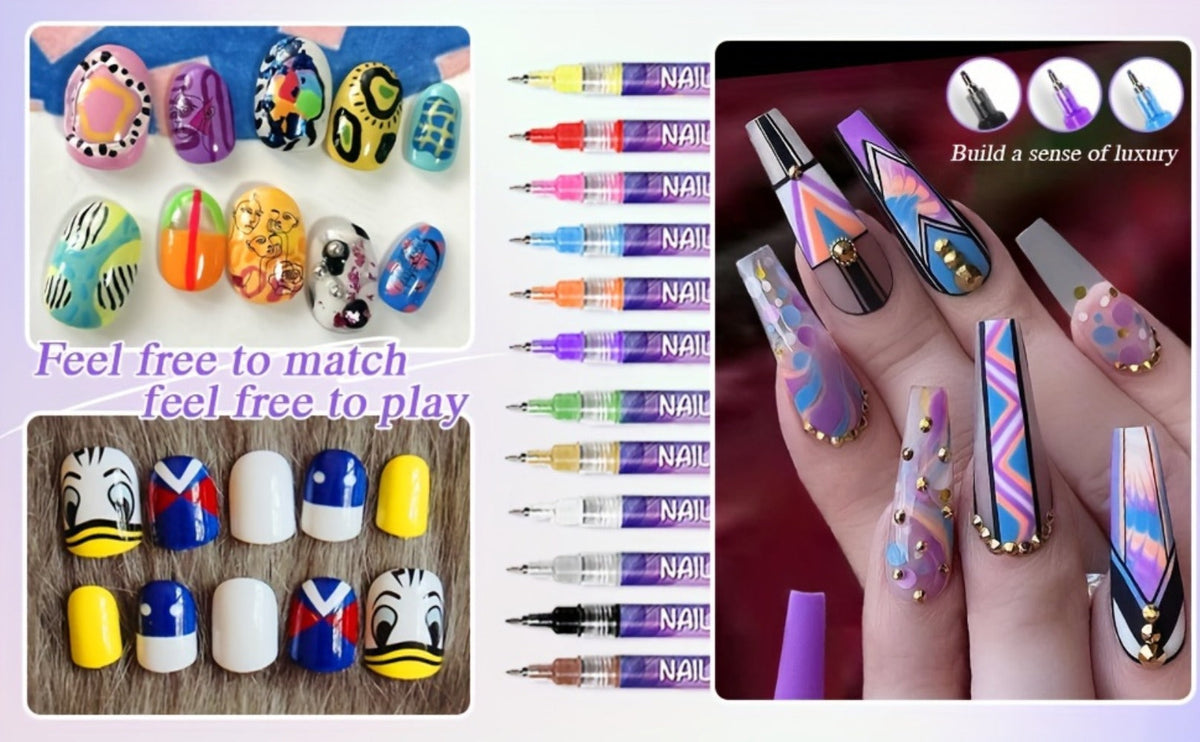 Nail Art Pens 12 Colors Quick Dry 3D Graffiti & Detail Brush Set – Ultra-Fine Precision Drawing Pen Kit for DIY Nail Design, Salon & Home Use, Vibrant Long Lasting Ink