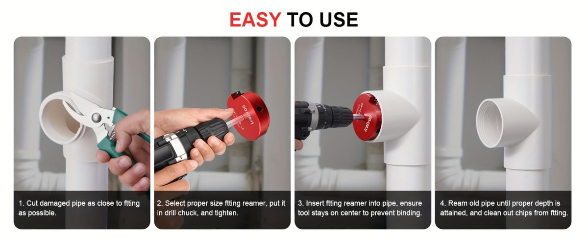 PVC Pipe Reamer Kit 8pcs - Fitting Saver for SCH 40 Plastic Pipe, Aluminum Alloy Body with 11.5" Hex Shaft, 8 Sizes 1/2" to 4", for PVC PP PE ABS Pipes, Drill Compatible, Red