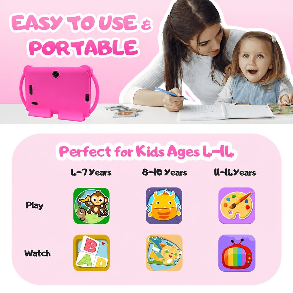 Kids Tablet 7 Inch Android 14 with 4GB RAM 32GB ROM, IPS Eye Protection Screen, Parental Controls & Pre-Installed Apps – WiFi Learning Tablet for Boys & Girls Ages 3-10