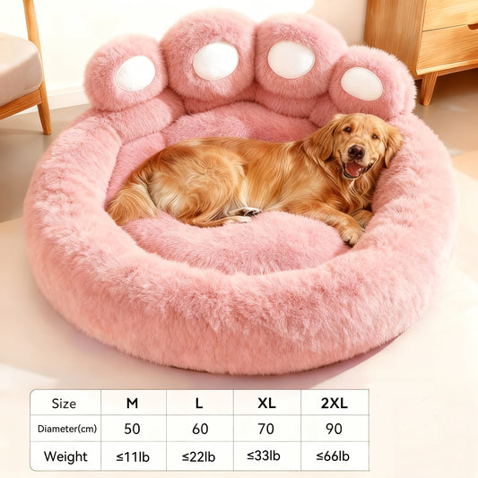 Plush Pet Bed with Bear Paw Print for Dogs & Cats, L to 2XL, Coffee, Pink or Gray