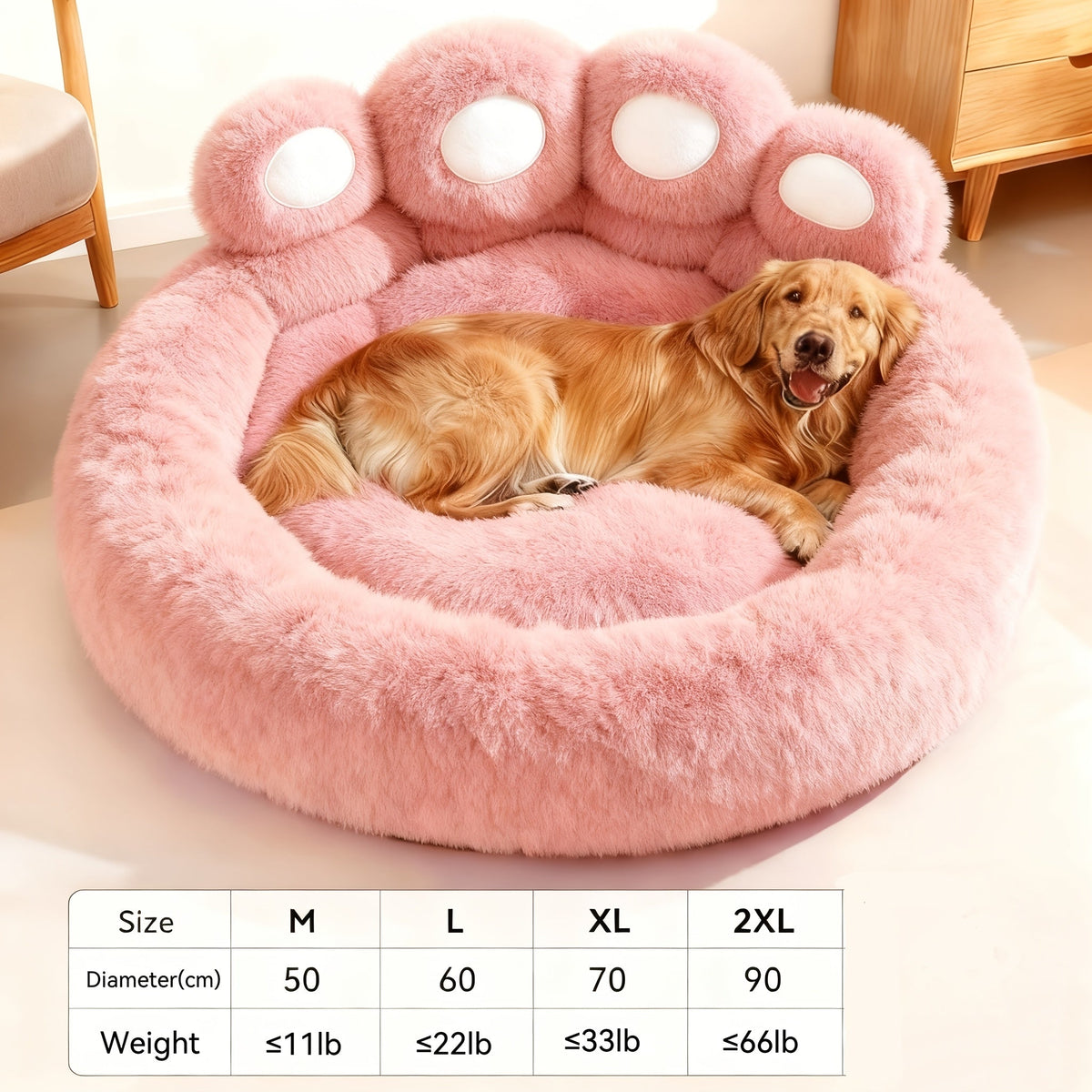Dog Bed Cat Bed Bear Paw Round Plush Non-Slip – Soft Warm Cuddler Pet Mattress for Puppy, Small, Medium & Large Dogs and Cats, Sizes 20–36 Inch, Colors: Coffee, Pink, Gray