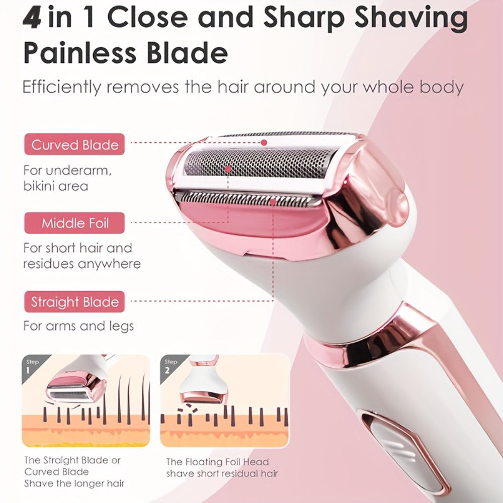 4-in-1 Electric Hair Remover for Women USB Rechargeable Shaver Trimmer – Eyebrow Nose Face Leg Bikini Line Underarm Peach Fuzz Removal Stainless Steel Blades Portable Travel Gift