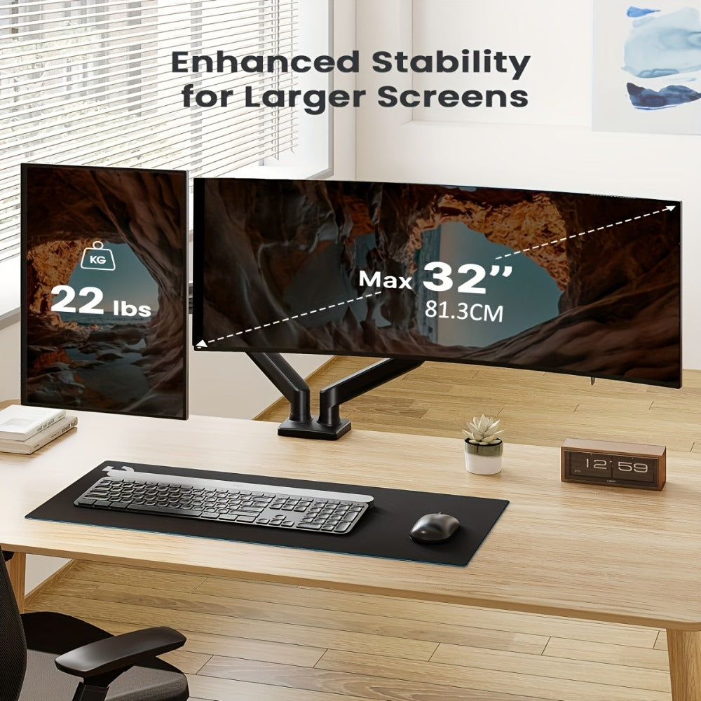 Aluminum Alloy Gas Spring Monitor Arm 19.8 lbs, Full Motion Swivel Tilt Rotate, Ergonomic Desk Mount for 13-32 Inch Screens, C-Clamp & Grommet Base, Space-Saving Home Office Stand
