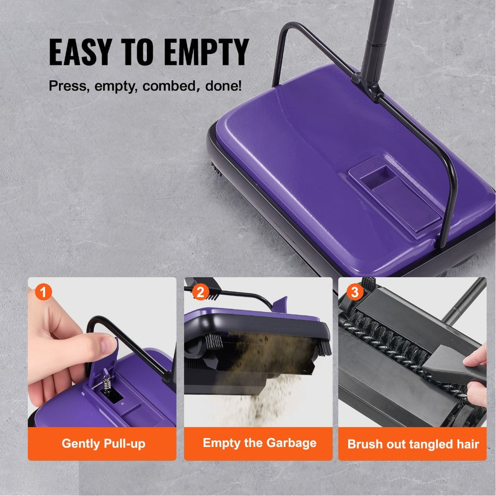 Manual Carpet Sweeper Push Non-Electric 300ml Dustbin 6.7in Width 180° Rotating Head Quiet Floor Sweeper for Home Office Pet Hair Hardwood Tile