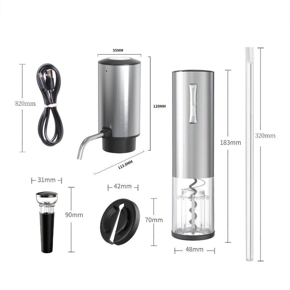 Electric Wine Opener Set – Rechargeable Automatic Corkscrew with Wine Aerator Dispenser, Vacuum Stopper & Foil Cutter for Any Occasion Gift
