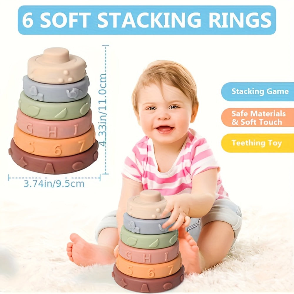 3-in-1 Baby Sensory Toy Set, Stacking Cups, Spinning Top & Cloth Book