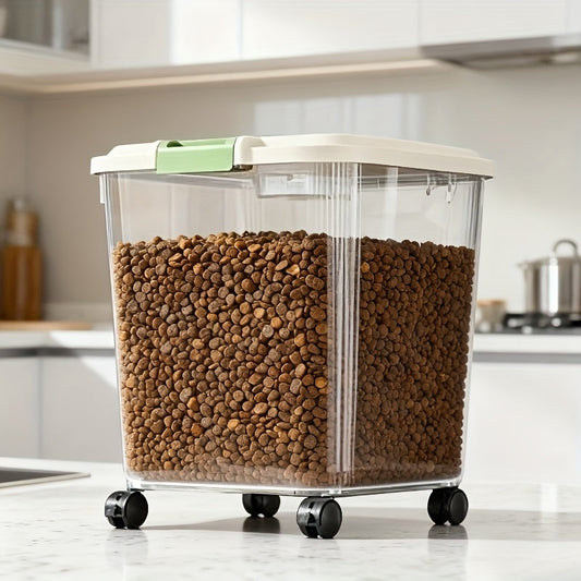 Pet Food Storage Container with Wheels & Measuring Cup, Transparent Dry Food Bin