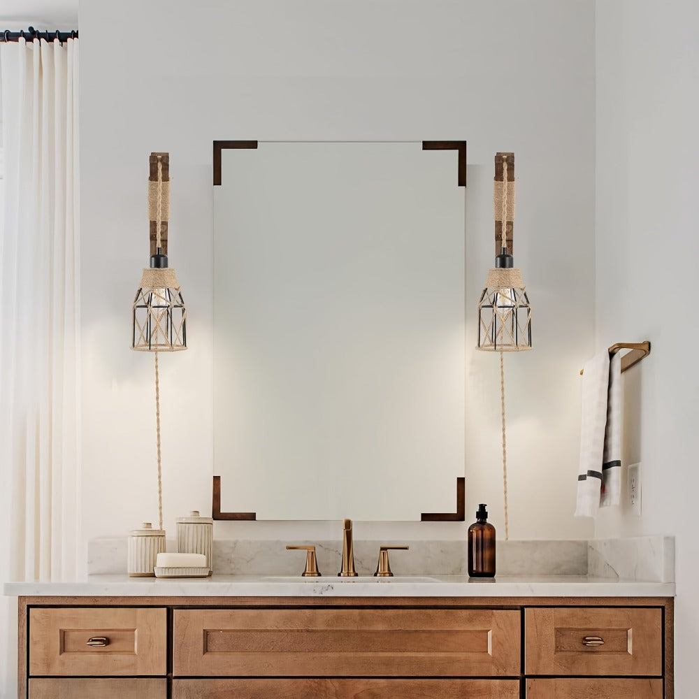 Plug In Wall Sconces Set of 2 or 1 – Rustic Farmhouse Wall Lamp with Metal Cage & Wooden Bracket, Plug-Into-Outlet Hanging Light for Bedroom, Living Room & Headboard