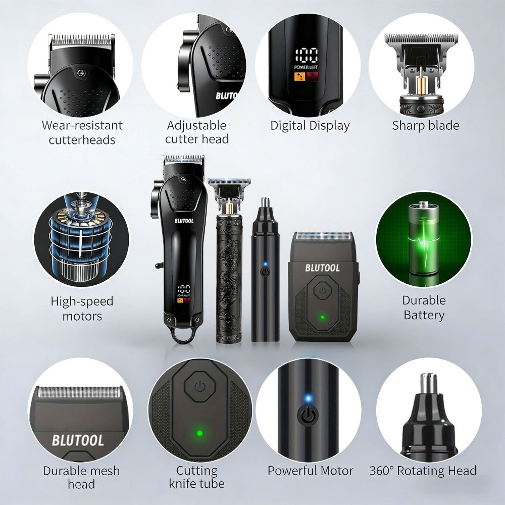 Hair Clipper & Trimmer Set 4-Piece for Men — Professional Barber Kit with Nose Trimmer, Detail Trimmer, Guide Comb, LED Display & USB Rechargeable, Home & Travel Grooming Gift