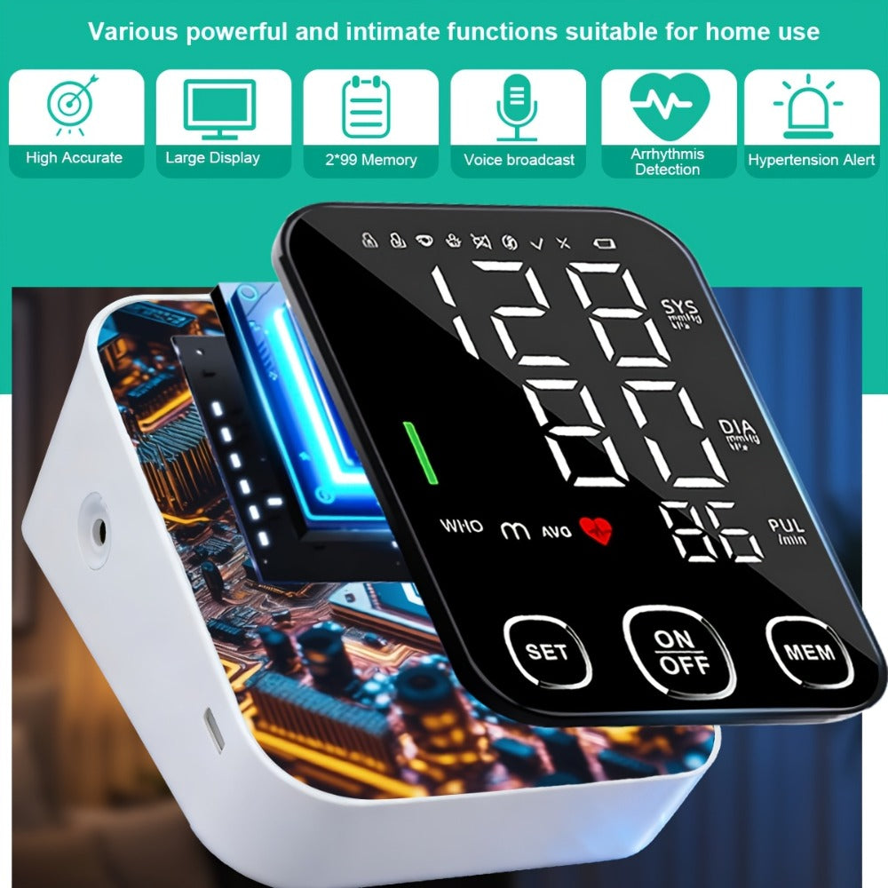 Blood Pressure Monitor Automatic Upper Arm – Large Cuff, 4.5" Backlit Screen, 2×99 Memory, Voice Broadcast, One-Touch BP Machine for Home Use