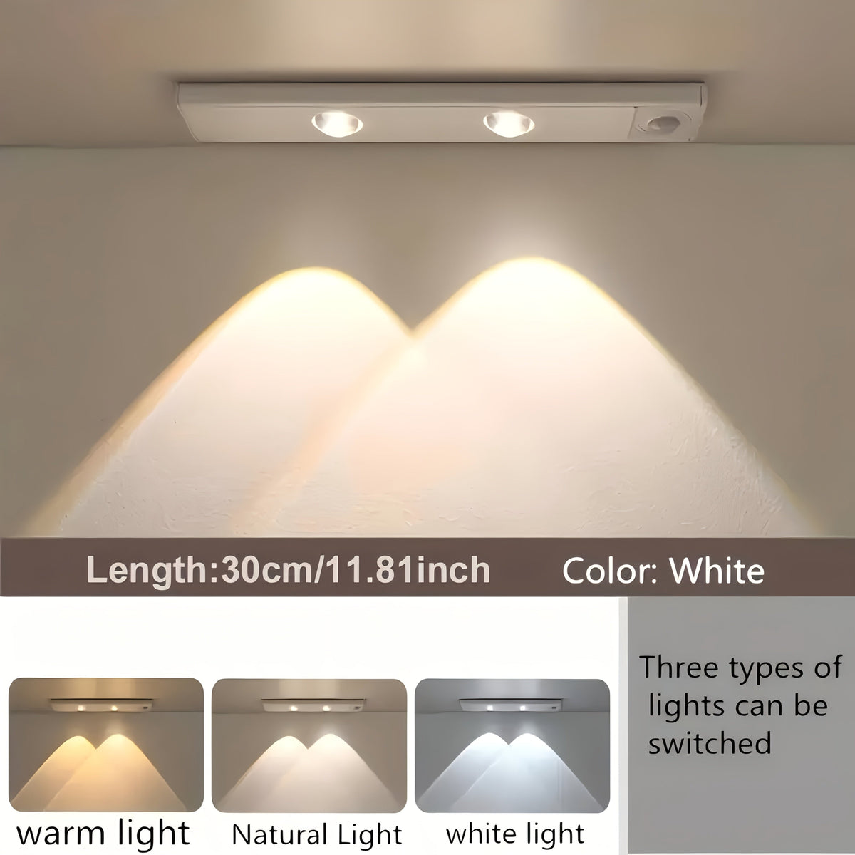 Motion Sensor Cabinet LED Strip Light USB Rechargeable 1400mAh - 3 Color Dimmable Wireless PIR Auto On Off 4 Sizes for Kitchen Wardrobe Wine Cabinet Shoe Cabinet Closet Bedroom Night Light