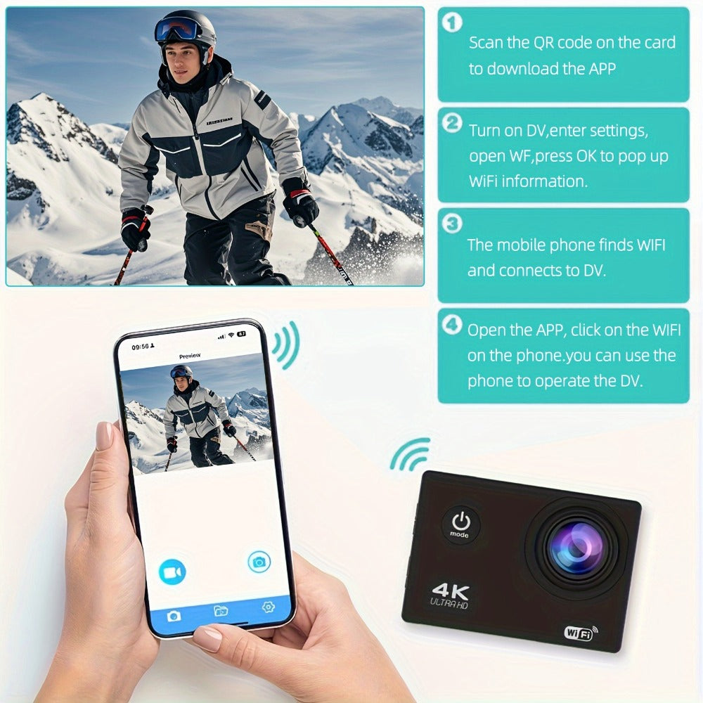 4K Sports Action Camera with WiFi, 170° Wide Angle, 32GB Card & Helmet Mount Kit – Pre-Recording, Remote Control, 900mAh Battery, 2" LCD – Beginner-Friendly Outdoor Cam for Cycling, Hiking & Gifts