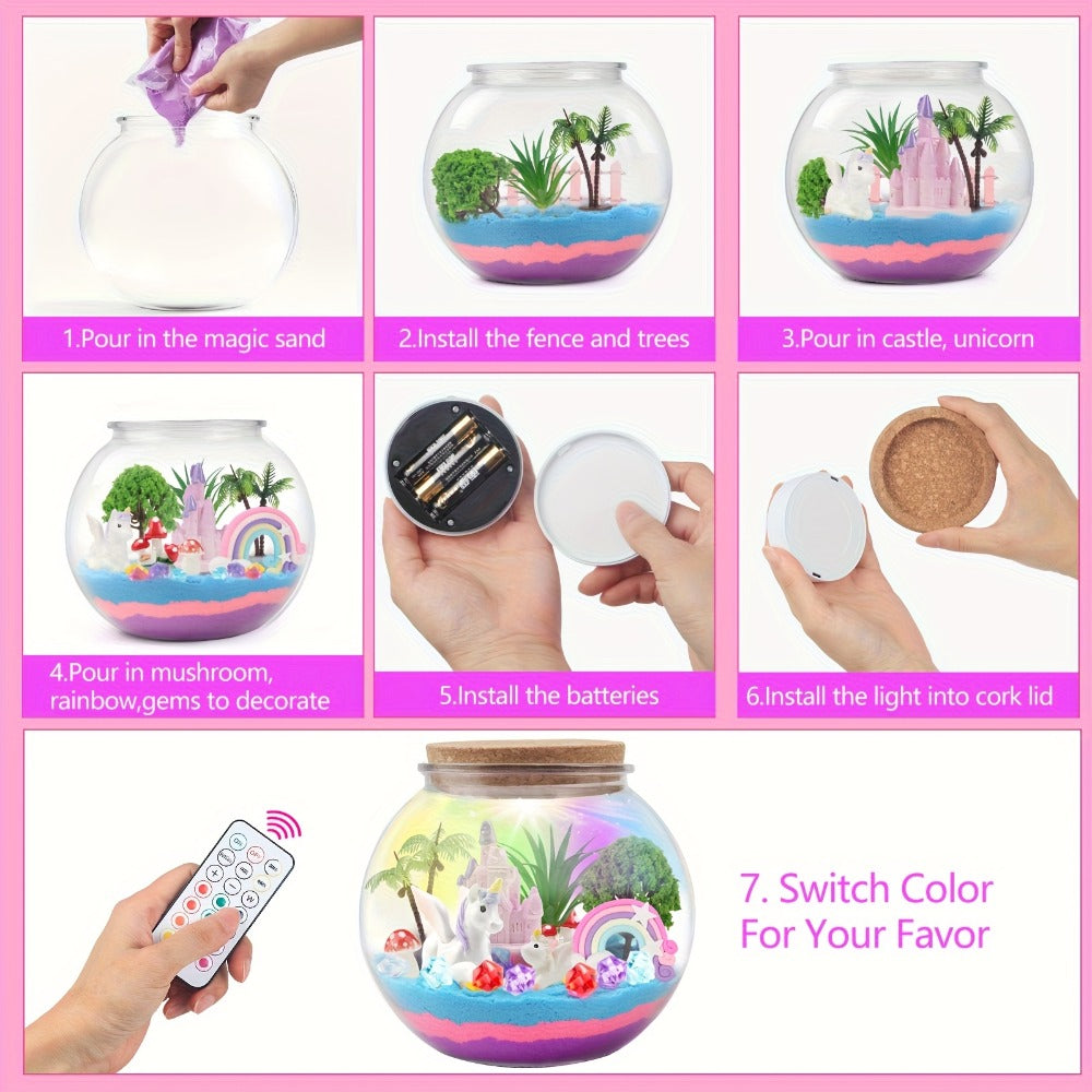 DIY Unicorn Terrarium Kit for Girls — Build Your Own Magic Garden with 13-Color LED Night Light & Remote, Arts Crafts STEM Toy Kids Ages 6+, Birthday Christmas Gift Girls
