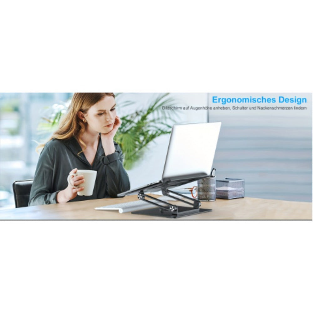 Adjustable Ergonomic Laptop Stand, 360° Rotating Base, Foldable Iron Desk Stand for MacBook Pro/Air & Notebooks up to 17 Inch, Portable Workspace Enhancer – Silver/Black