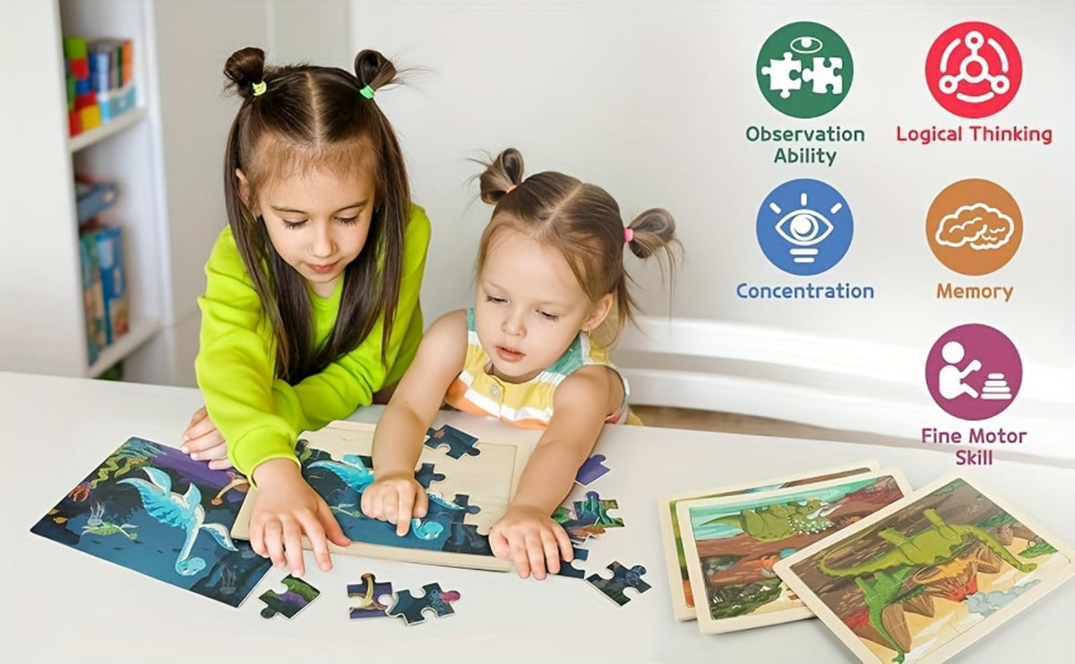 Dinosaur Wooden Jigsaw Puzzle Set for Kids, 4 Puzzles with 24 Pieces Each