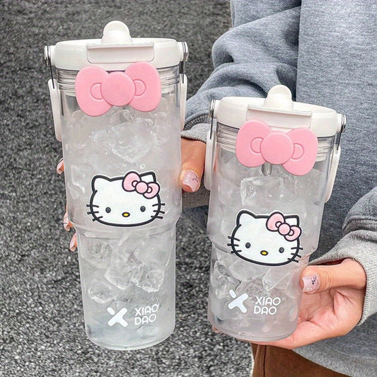 Hello Kitty Water Bottle with Straw, Decorative Bow and KT Sticker, Plastic Tumbler