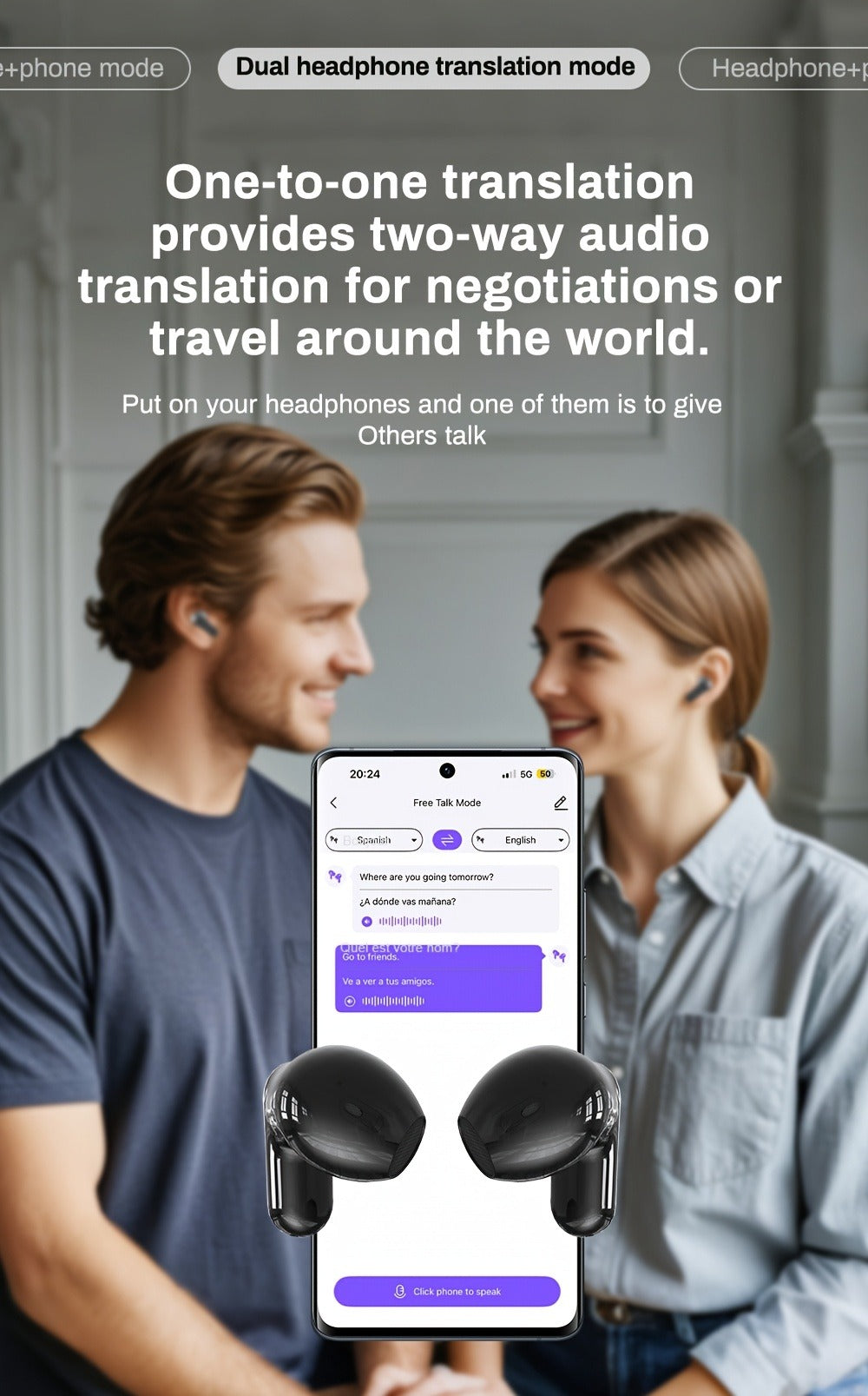 AI Translation Earphones Real-Time 134 Languages TWS Wireless Bluetooth Earbuds HTC NE20 HD Screen Touch Control High Fidelity Sound Long Battery Life for Travel Business Daily Wear