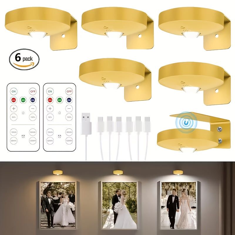 Picture Lights for Wall Rechargeable – Magnetic LED Art Display Light with Remote 3 Color Temperatures Dimmable Timer Golden Finish – 3-Pack & 6-Pack