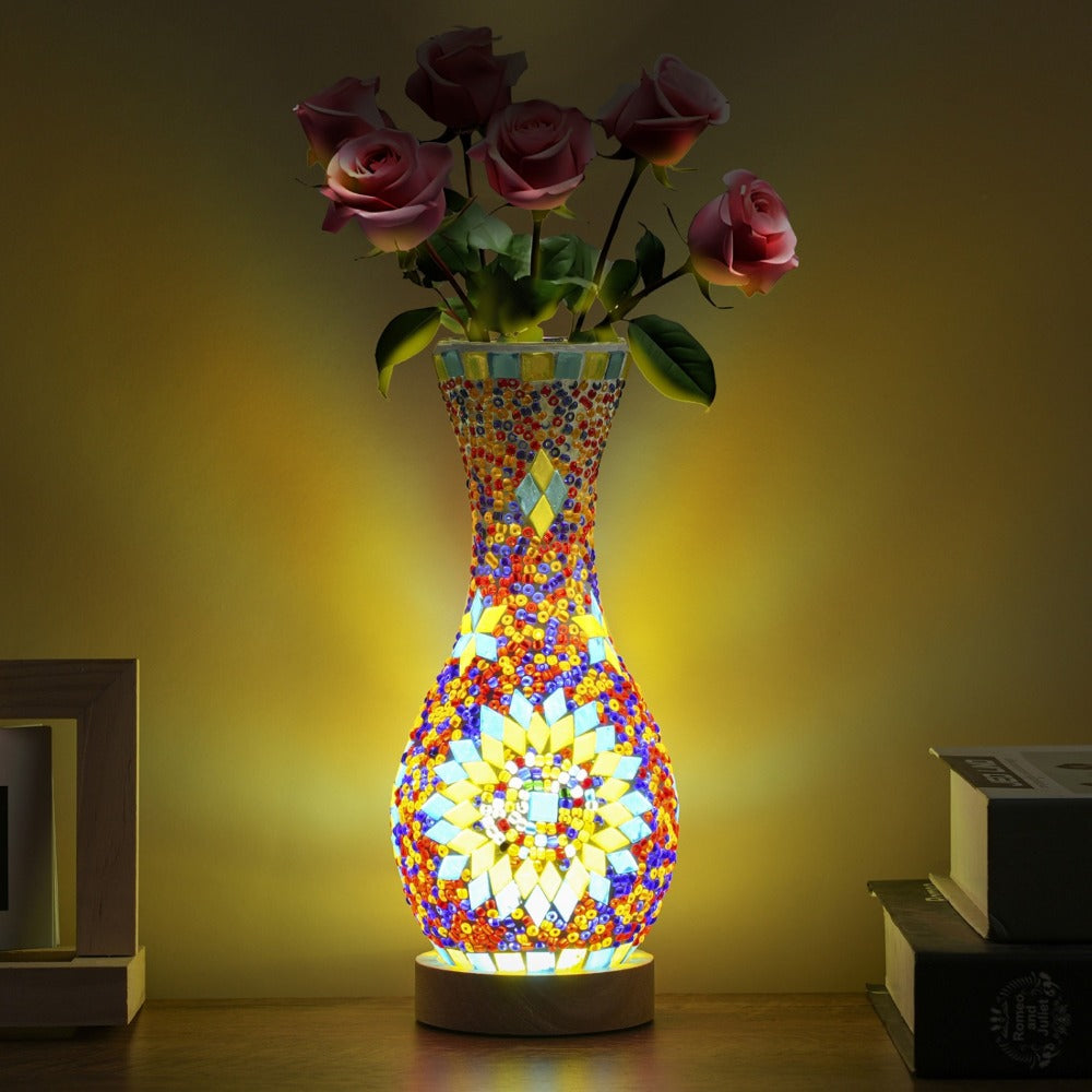 Mosaic Vase Lamp Turkish Moroccan Handmade Colorful Glass Table Lamp with Wooden Base – USB Plug-In Boho Night Light, Flower Vase Lamp for Bedroom Living Room Decor, Bohemian Mosaic Desk Lamp Gift