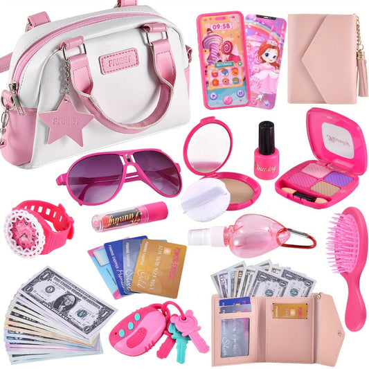 Pretend Play Purse Set with Toy Phone, Pretend Makeup, Keys & Crossbody Bag, Pink