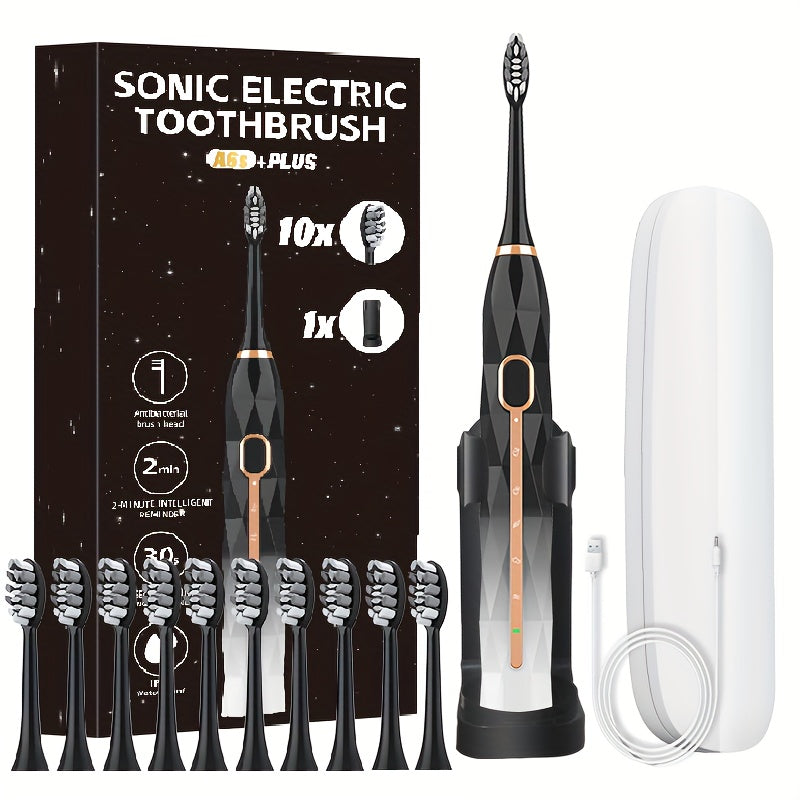 IPX8 Sonic Electric Toothbrush with 8 Replacement Brush Heads — Metal Shaft, USB Rechargeable 500mAh, Travel Case & Holder, Deep Plaque Removal for Adults Men & Women, 5 Colors