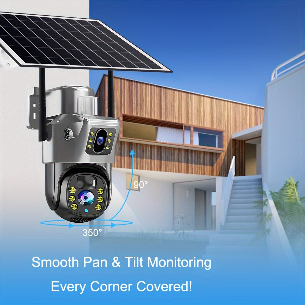 Solar Powered Wireless Security Camera Outdoor 360° PTZ WiFi Surveillance Cam Dual Lens Full Color Night Vision 4G Remote View No Dead Angle with TF Card & Cloud Storage