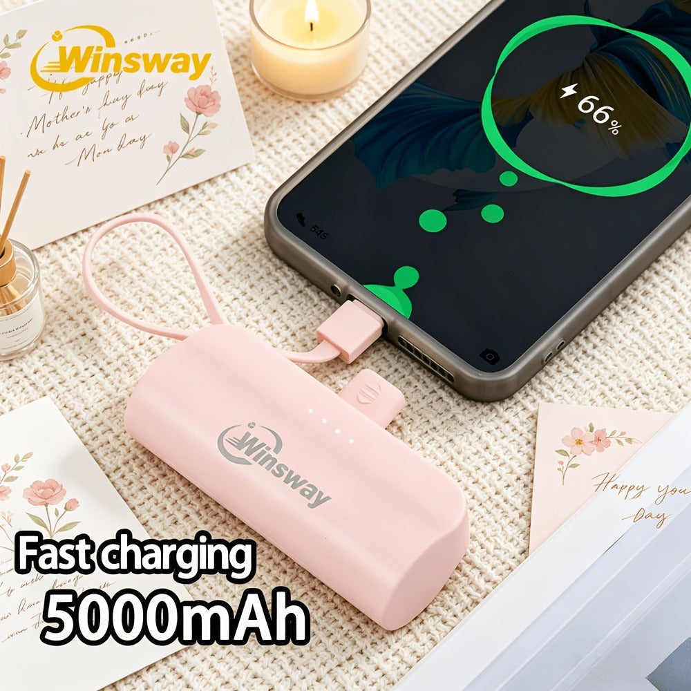Capsule Mini Power Bank 5000mAh Dual Port Wireless Charging Phone Holder Fast Charge USB-C Cable Charge Two Phones at Once Pocket Portable Charger for Android Samsung iPhone
