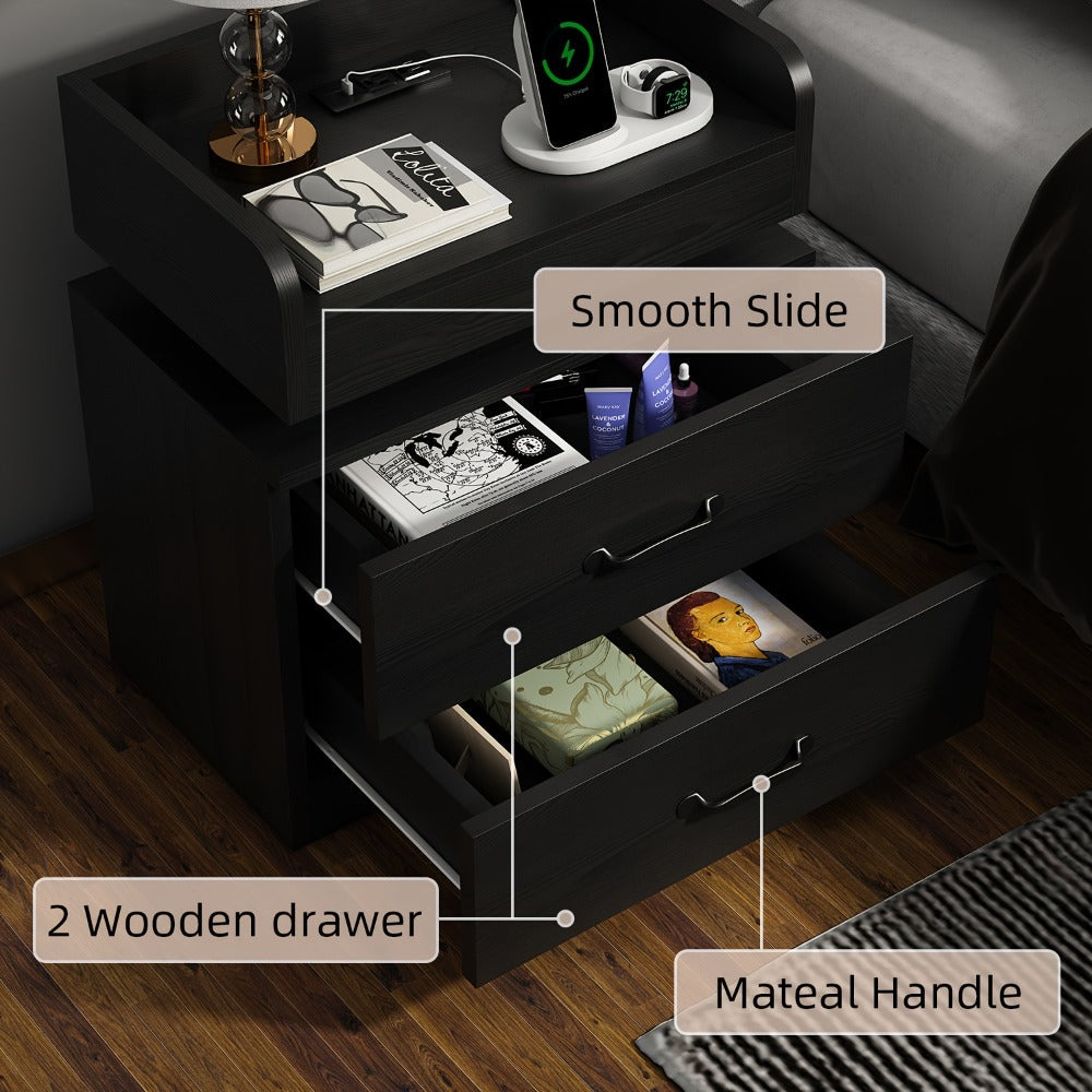 Bedside Table with Charging Station & LED Lights – Modern Wooden Nightstand with Drawer & Open Shelf | Black or White | 1pc or 2pcs Set | Bedroom Living Room End Table | Housewarming Gift