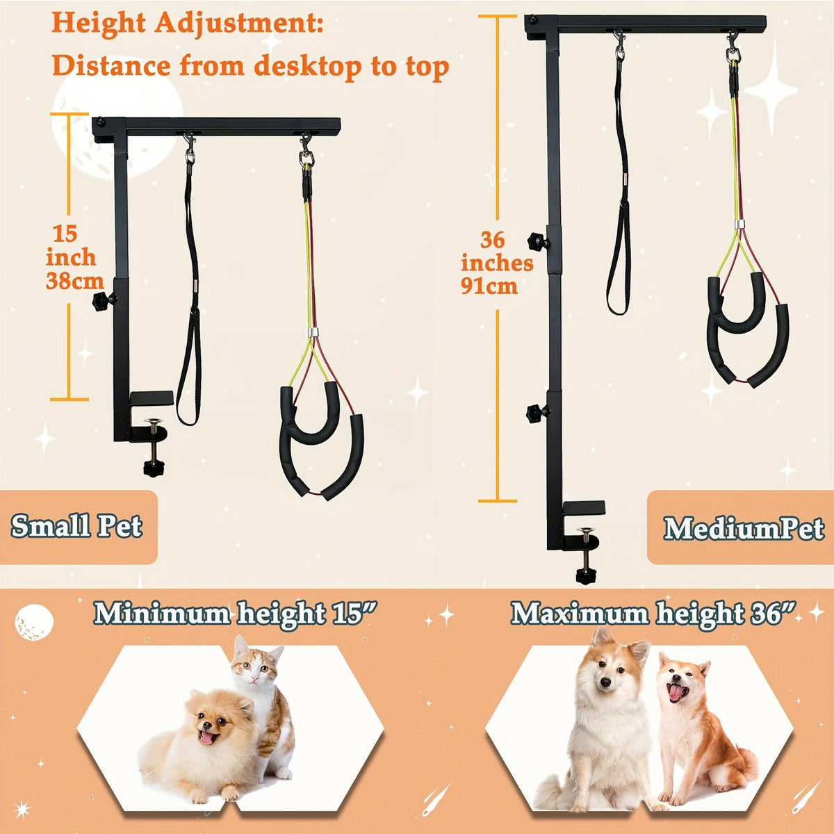 Dog Grooming Arm with Clamp 36 Inch Adjustable 3-Section Iron No-Sit Haunch Holder with Colorful Ropes for Small Medium Dogs Cats Black