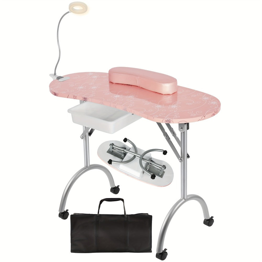 Foldable Nail Table with LED Lamp Drawer Lockable Wheels Wrist Cushion & Carrying Bag – Portable Manicure Station for Nail Salon Technician Home Studio White