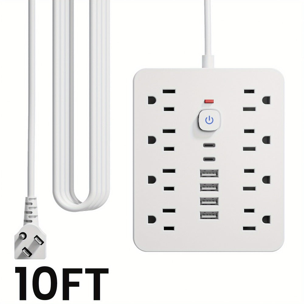 Flat Plug Wall Mount Power Strip 14-in-1 Surge Protector - 8 AC Outlets, 4 USB-A & 2 USB-C Ports, 5ft/10ft Extension Cord, Overload Protection, Desktop Charging for Home Office
