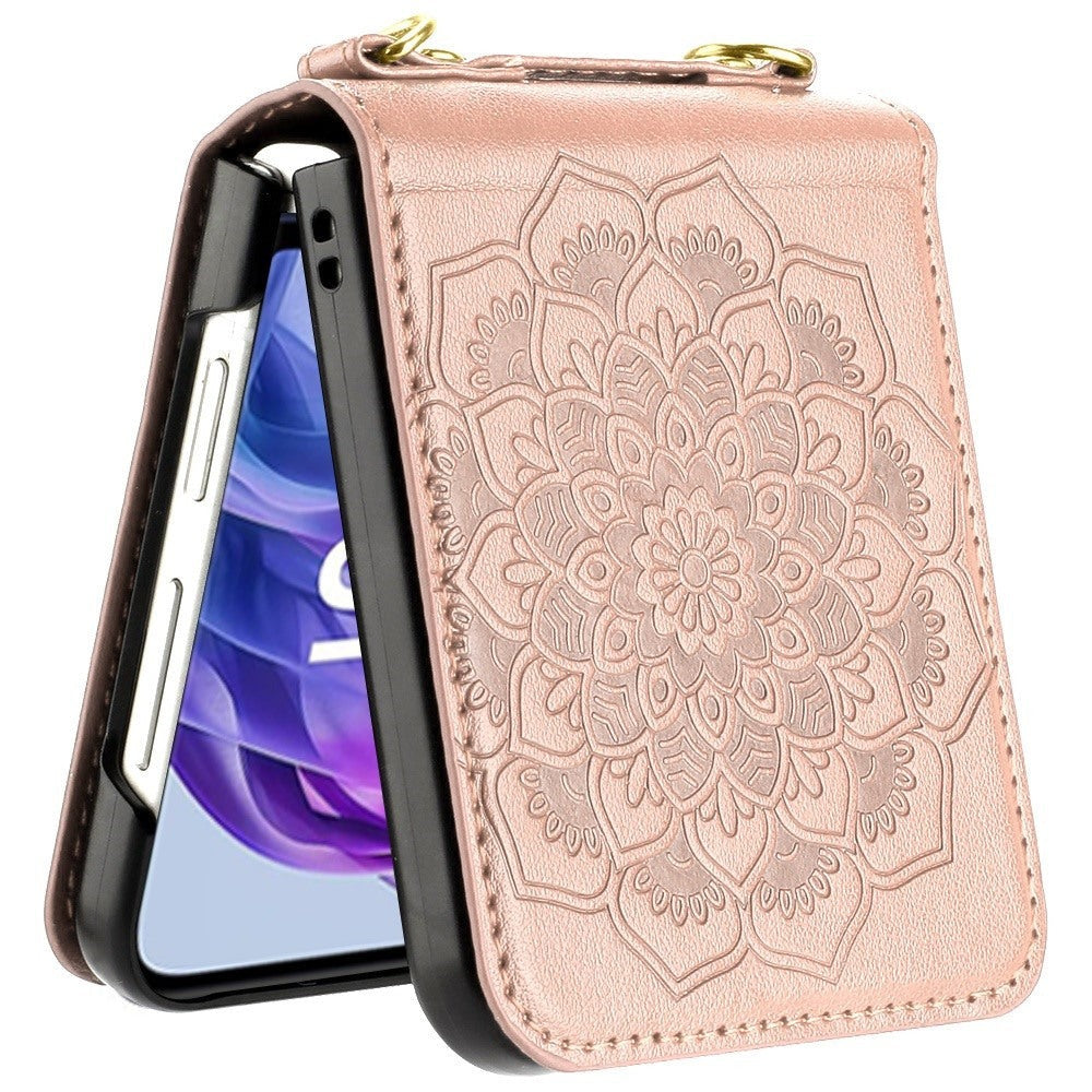 Floral Crossbody Motorola Razr 2024 / Razr+ Plus 2024 Case Flower Embossed PU Leather Lanyard Strap – Boho Henna Mandala Hybrid Protective Cover for Women Gift