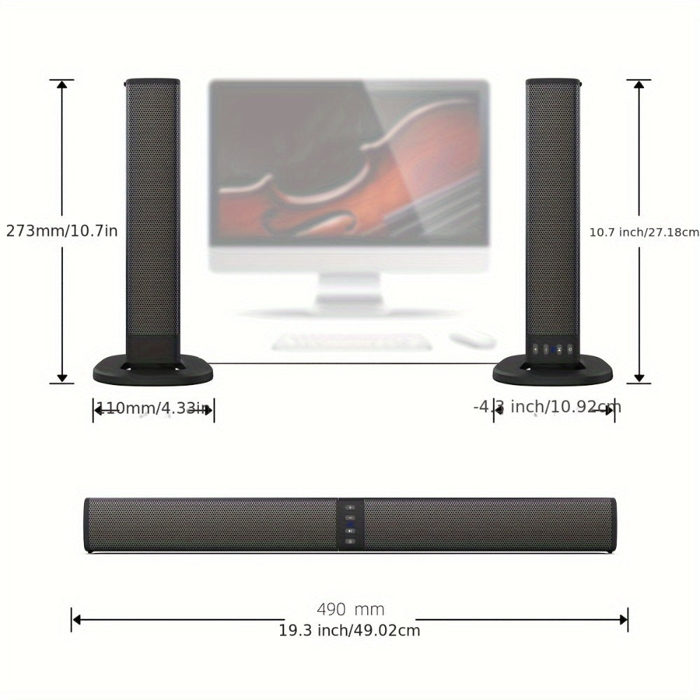 Sound Bar with 4 Subwoofers 20W Hi-Fi Wireless Surround Sound System Bluetooth 5.0 TWS Wall Mountable EQ Modes AUX USB TF FM for TV Computer Gaming Home Theater