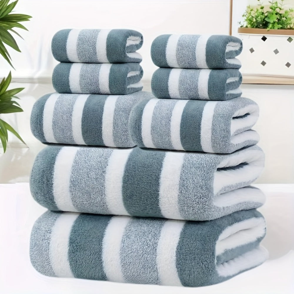 Hotel Towel Set 8 Piece No Hair Loss 280GSM - Five Star Standard Two-Color Striped Super Soft High Absorbency | 2 Bath Towels 2 Face Towels 4 Hand Towels | Grey Red Green | Home Bathroom Spa Gift