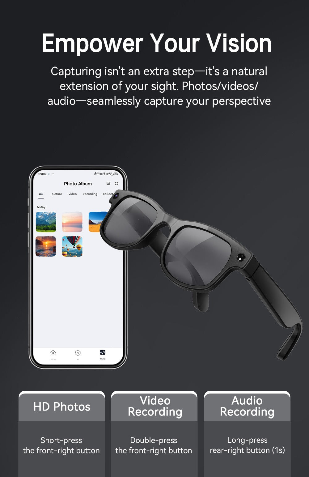 Bluetooth Smart Glasses with 8MP HD Camera – AI Real-Time Translation, Object Recognition, Touch Control, Bluetooth Call & Music, Wearable for Men & Women